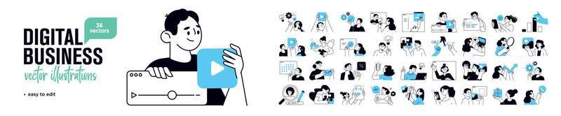 bedrijfsconcept illustraties. set van mensen vectorillustraties in verschillende activiteiten van online business, opstarten, management, projectontwikkeling, communicatie, sociale media. vector