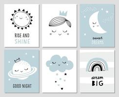 set kinderkaarten met schattige illustraties en letters. perfect voor kinderkamerposters. zon, wolk, nachtelijke hemel, regenboog, prins. vector