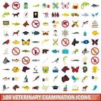 100 veterinair onderzoek iconen set, vlakke stijl vector