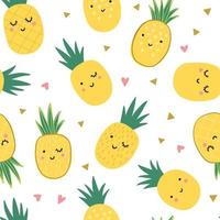 naadloos ananaspatroon met hartjes en treintjes. leuke grappige lachende ananas achtergrond afdrukken. kinderachtige zomer tropische illustratie. vector