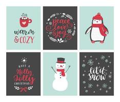 set kerstkaarten met handschrift. schattige vectorillustratie van pinguïn, sneeuwpop, warme chocolademelk, kerstboom, sneeuwvlokken, winter krans. vector