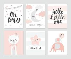 set schattige babyshowerkaarten inclusief maan, wolken, ster, olifanten, beer en moderne kalligrafiezinnen - hallo kleintje en oh, baby. vectorillustraties voor uitnodigingen, wenskaarten, posters vector