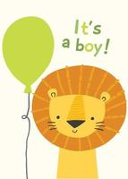 schattige leeuw karakter bor een jongen baby shower uitnodiging, wenskaart, verjaardagsfeestje, kinderkamer art poster. vectorillustratie van een leeuw lachend gezicht met een groene ballon. het is een jongen. vector