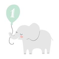 schattige olifant met een ballon met nummer één erop. illustratie voor eerste verjaardagskaart of uitnodiging voor een feest. vector