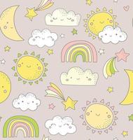 schattig luchtpatroon. naadloos vectorontwerp met glimlachende maan, zon, regenboog, sterren en wolken. baby illustratie. doodle kinderen weer patroon. vector