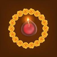 diwali festival van licht met goudsbloem bloem frame decoratie met oranje achtergrond vector