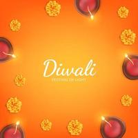 diwali festival van licht met goudsbloem bloem frame decoratie met oranje achtergrond vector