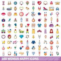 100 vrouw gelukkig iconen set, cartoon stijl vector