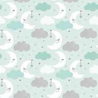 nachtelijke hemel vector patroon. schattige lachende maan, sterren, wolken naadloze achtergrond. babyprint in zachte pastelkleuren, mintgroen.