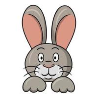 grappig schattig konijn met roze oren glimlachen, vectorillustratie in cartoon-stijl op een witte achtergrond