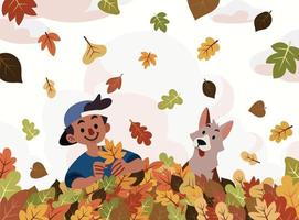 een jongen en zijn hond vangen gevallen bladeren in de herfst vector