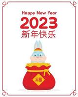 wenskaart met een schattige haas in een nationaal chinees nieuwjaarskostuum in een gelukszakje met goud
