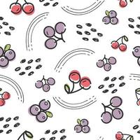 naadloze cartoon patronen met kersen, druiven, bosbessen fruit en groene bladeren op een witte achtergrond, vectorillustratie. vector