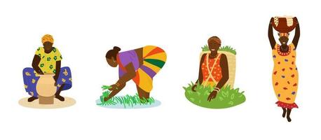 Afrikaanse vrouwen in kleurrijke jurken aan het werk. aardewerk maken, in rijstvelden werken, thee plukken, grote kan met wasgoed dragen. traditionele ambachten, handenarbeid, landbouw. platte hand getekende vector. vector