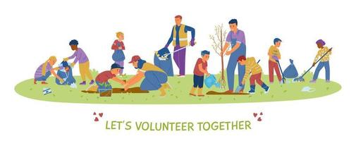 kinderen en volwassenen vrijwilligers die bomen planten en afval verzamelen. vector motiverende banner.
