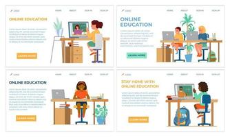 online onderwijs voor kinderen website sjabloon set. verschillende rassen kinderzitje aan bureau met laptops met leraren op het scherm. plat vectorontwerp. vector