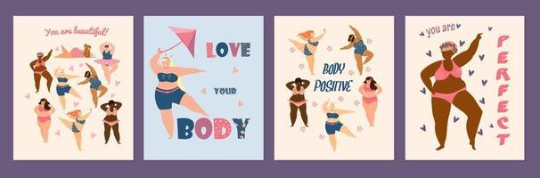lichaam positieve kaarten set. verschillende rassen plus size vrouwen dansen. zelfacceptatie concept. platte vectorillustratie.