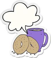 cartoon koffie en donuts en tekstballon sticker vector