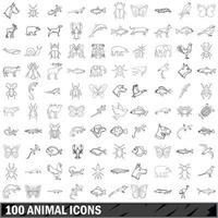 100 dieren iconen set, Kaderstijl vector