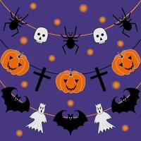 vector cartoon poster, briefkaart, achtergrond voor halloween. pompoen, spook, spin, schedel, kruis en vleermuis hangen als een slinger op een donkere achtergrond met sterren of lantaarns.