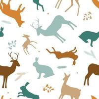 naadloos patroon met silhouetten van wilde bosdieren, bladeren. natuurlijk ornament met hazen, vossen, herten. vectorafbeeldingen. vector