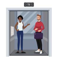 praten met een vreemdeling in de lift platte vectorillustratie geïsoleerd op een witte achtergrond vector