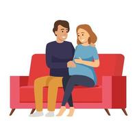vectorillustratie van man knuffelen zwangere vrouw op een bank. gelukkig paarconcept in een vlakke stijl vector