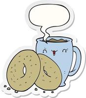 cartoon koffie en donuts en tekstballon sticker vector