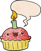 cartoon cupcake en kaars en tekstballon in retro textuurstijl vector