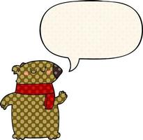 cartoon beer en sjaal en tekstballon in stripboekstijl vector