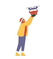 man in kerstmuts ontvangen kerstcadeau van drone platte vectorillustratie. geïsoleerd op wit. vector
