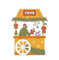 kerstmarkt speelgoedwinkel met verkoper platte vectorillustratie. handgemaakte speelgoed en decoraties. geïsoleerd op wit. vector
