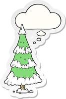 cartoon kerstboom en gedachte bel als een gedrukte sticker vector