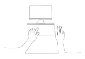 lijntekening van menselijke mannelijke hand met een laptop vectorillustratie vector