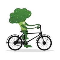 schattige groene broccoli biker stripfiguur. kool op fiets of scooter. vector illustratie