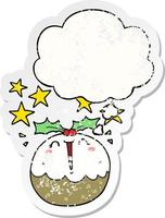 leuke cartoon happy christmas pudding en gedachte bel als een verontruste versleten sticker vector