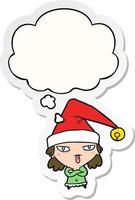 cartoon meisje met kerstmuts en gedachte bel als een gedrukte sticker vector