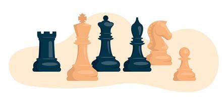 schaken. set van witte en zwarte schaakstukken. ridder, toren, pion, loper, koning, koningin. vector afbeelding.