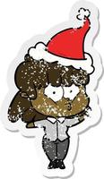 verontruste sticker cartoon van een fluitend meisje met een kerstmuts vector