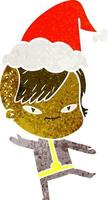 leuke retro cartoon van een meisje met hipster kapsel met een kerstmuts vector