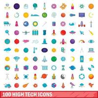 100 high-tech iconen set, cartoon stijl vector