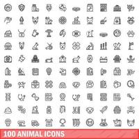100 dieren iconen set, Kaderstijl vector