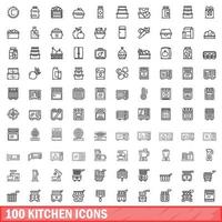 100 keuken iconen set, Kaderstijl vector