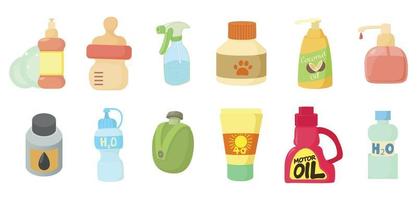 plastic fles icon set, cartoon stijl vector