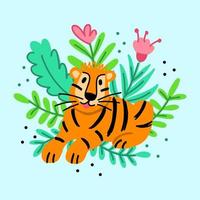 grappige tijgerwelp ligt in tropische bloemen vector