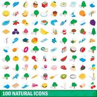 100 natuurlijke iconen set, isometrische 3D-stijl vector