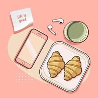 pastel perzik. croissant café achtergrond vector illustratie pro download