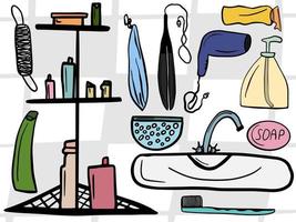 schets van de badkamer. badkamerelementen zoals een krultang, föhn, wastafel, tandenborstel, washandje en kom.