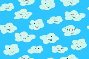 witte wolken met grappige gezichten tegen de blauwe lucht. vector illustratie naadloze patroon wallpaper achtergrond.