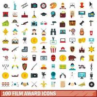 100 film award iconen set, vlakke stijl vector